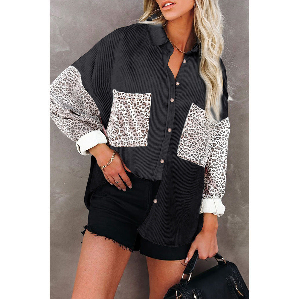 Leopard Print Women's Shirt Lapel Pit Strip Casual Jacket