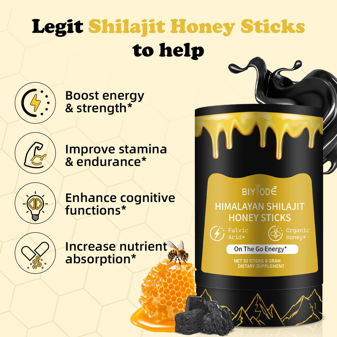 "Himalayan Shilajit Resin Honey Sticks – 30 Sticks of Natural Shilajit Resin, Sourced with Fulvic Acid, Sugar-Free, Individually Wrapped for Convenience" - AMAZEALL.STORE