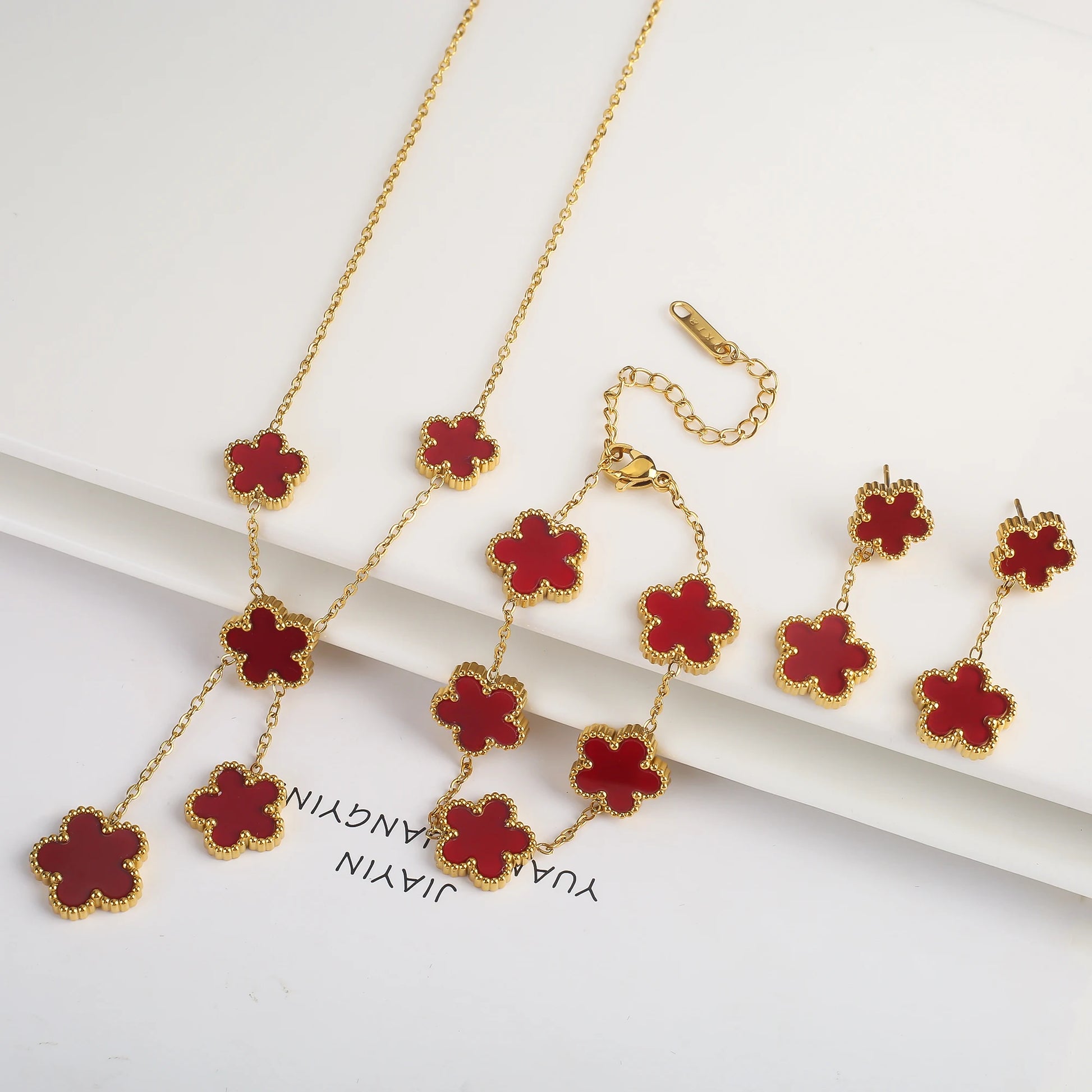 3Pcs 18k Gold-Plated Five-Leaf Flower Jewelry Set - AMAZEALL.STORE