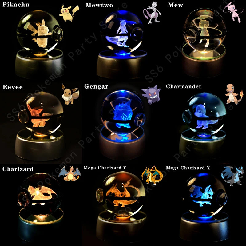 "Pokémon Crystal Ball 3D Lamp – Pikachu, Gengar, Mew, Mewtwo Glass Ball Figure with Pokéball Base, Perfect Night Light & Birthday Gift for Pokémon Fans" - AMAZEALL.STORE