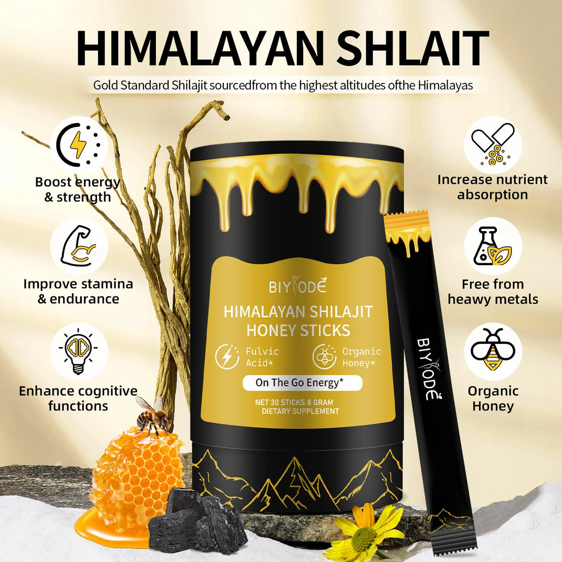 "Himalayan Shilajit Resin Honey Sticks – 30 Sticks of Natural Shilajit Resin, Sourced with Fulvic Acid, Sugar-Free, Individually Wrapped for Convenience" - AMAZEALL.STORE