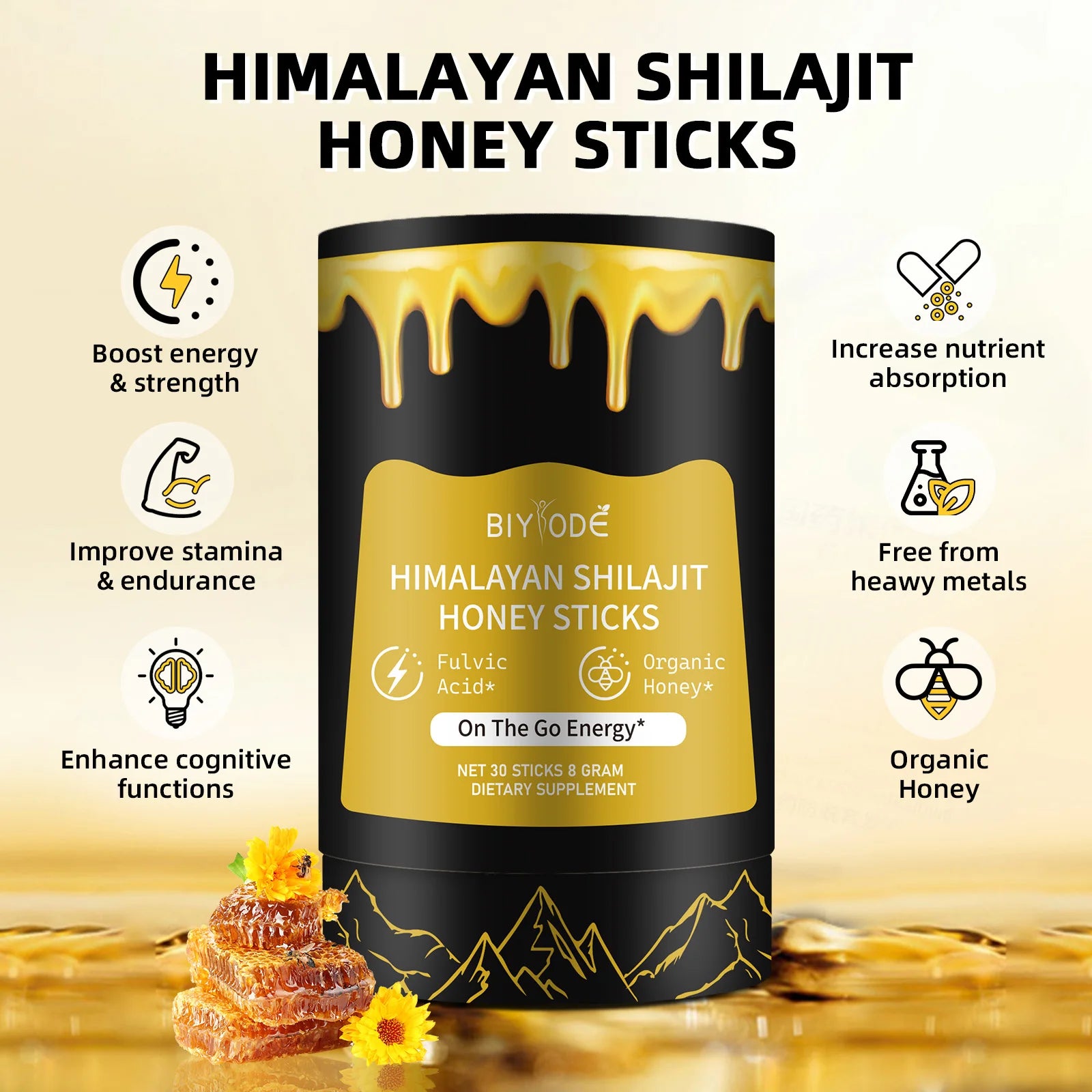 "Himalayan Shilajit Resin Honey Sticks – 30 Sticks of Natural Shilajit Resin, Sourced with Fulvic Acid, Sugar-Free, Individually Wrapped for Convenience" - AMAZEALL.STORE