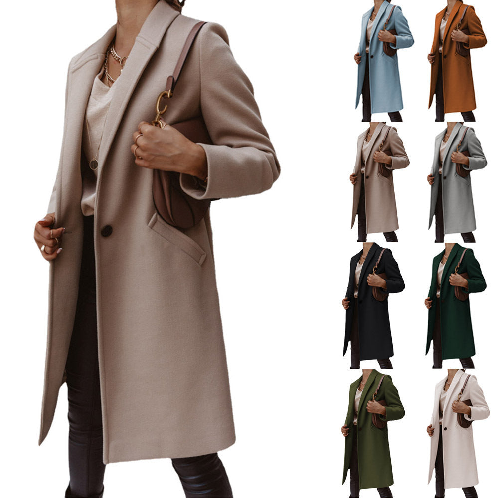 European And American Woolen Lapel Single Button Urban Trench Coat