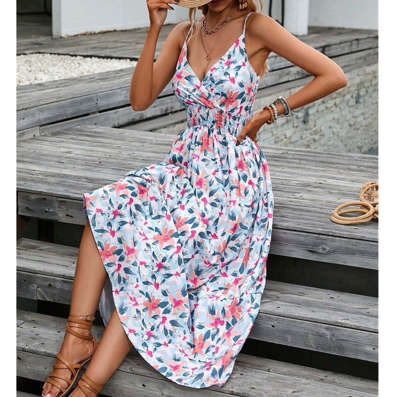 Fashionable Deep V Printed Slip Dress Summer